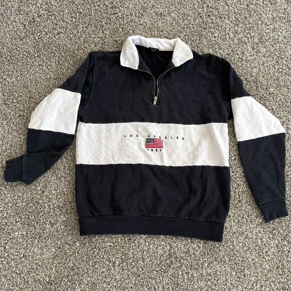 Brandy Melville Women’s 1/4 Zip Collared Sweatshirt Navy Blue LA 1984 Pullover - Picture 1 of 6